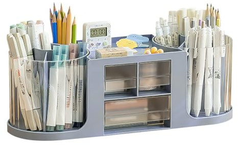 Stiftehalter Drehbar, 14 Fächer Große Kapazität Doppelrotation 360° - Blau | Schreibtisch Organizer, Stiftehalter Kinder Doppelschicht transparente Schublade, Für Buntstifte & verschiedene Schreibwaren