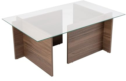 Hanah Hem elegant valnöt kaffebord, 105 x 65 x 40 cm | 100% härdat glastopp, 100% melaminbelagd partikelbräda, 18 mm tjock | Snygg och hållbar design