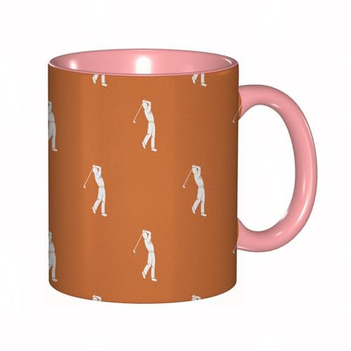 EKLMPS Tazza grande per caffè e tè a colazione - idee regalo per uomo e donna - in porcellana, 330 ml (11oz), Ripetizione del motivo del giocatore di golf in colore arancione per qualsiasi design. ge