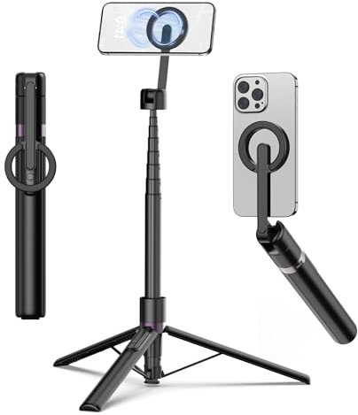 TONEOF 68 Magnetic Selfie Stick Tripod,Strong Magnetic Aluminum Phone Stand&360° Rotatable,Travel Tripod for Magsafe with Metal Ring/Remote/Tripodhead for Selfies/Live/Video Recording-Black