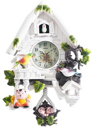 Freiwncr Cuckoo Clock, European Pastoral Style Cuckoo Clocks for Wall with Bird Time Bell and Swing Alarm, Vintage Antique Home Decor, White Clock