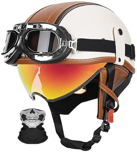Retrò Caschi Jet Omologati DOT/ECE, Mezzo Casco Da Motociclista, Casco A Scodella Con Occhiali, Casco A Scodella Casco Mezzo In Pelle Stile Vintage Per Scooter Bici Cruiser 10,L=59-60CM