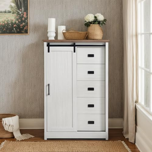 KavlSean 48 H Farmhouse 5 Drawers Dresser, Tall Dresser 5 Chest of Drawers with Sliding Barn Door, Wooden Storage Organizer Cabinet Chest of Drawer for Closet for Living Room, Hallway (White)