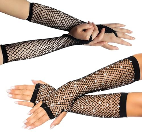 HABNI 2 Paar Lang Fingerlose Netzhandschuhe Damen Schwarz Fischnetz Handschuhe Netz Armstulpen Mit Spitze Handschuhe Mit Diamantbeschichtung Für Damen Mädchen 80Er 90Er Jahre Motto Party Outfits