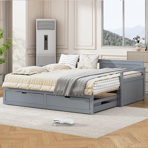 RIAZOS Ausziehbares Schlafsofa 90/180x190 cm, Tagesbett mit Schubladen und Lattenrosten, Kiefernbett mit Stauraum, Daybett Gästebett, Grau