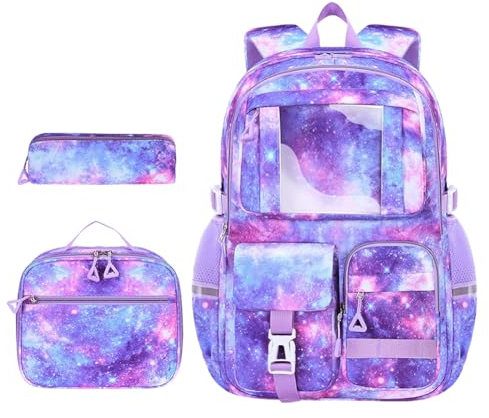 AZURAOKEY Mochila con estampado de margaritas Conjunto de mochila de 3 piezas con diseño degradado, lonchera y estuche para material escolar Mochila de viaje diaria - Estrella púrpura