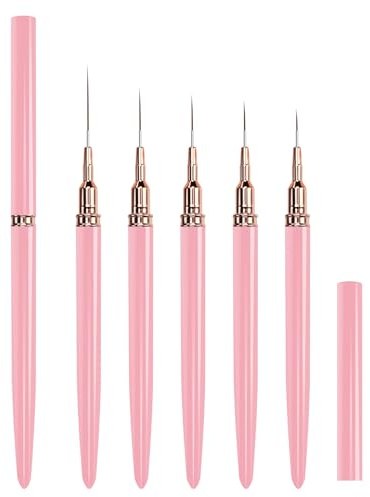GZMAYUEN Pinceles Para Uñas de Gel, 5 Pinceles Delineadores para Uñas Líneas Largas, Detalles Finos y Dibujos Finos en Tamaños de 6/9/11/15/24 mm, Color Rosa