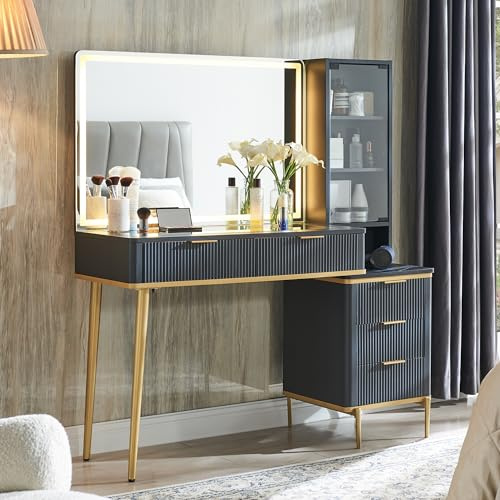 Flexoliving Geriffelter Schminktisch mit 36 (91 cm) HD-beleuchtetem Spiegel, 48 (122 cm) Großer Moderner Frisiertisch mit Spiegel & Beleuchtung (Anthrazit)