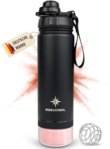 NORDSTAHL Shaker avec compartiment à poudre, Shaker isotherme 500 ml en acier inoxydable | Nordstahl® - Shaker à protéines en acier inoxydable avec boule - Sans BPA et anti-fuite - Noir nuit