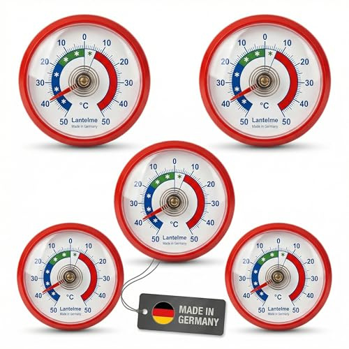 Lantelme 5 Stück Kühlschrankthermometer Set selbstklebend Thermometer auch für Gefrierschrank Eisfach Kühltheke Kühlzelle Kühlfach Kühlschrank zum ankleben Bimetall und Analog (Rot)