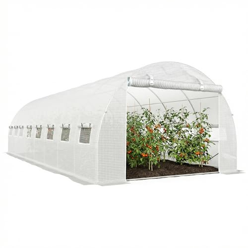 Outsunny Serre de Jardin Tunnel 24m² 8L x 3l x 2H m - 16 fenêtres, Porte zippée Enroulable - châssis Tubulaire Acier galvanisé, bâche PE Haute densité Blanc