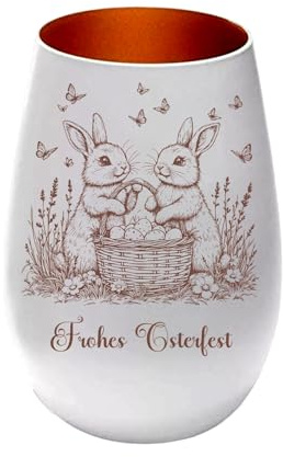 Lasergraviertes Oster Windlicht „Osterhase mit Korb“ – Glas Windlicht mit Schriftzug „Frohes Osterfest“ – Osterdekoration Frühling – Kerzenhalter schöne Geschenkidee