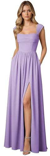 HUINI Chiffon Brautjungfernkleider mit Schlitz, lang, A-Linie, plissiert, Quadrat-Ausschnitt, formelles Abendkleid mit Taschen