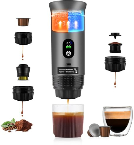 obecilc Portable Coffee Maker 3 In 1 Travel Espresso Machine Compatible with Small/Large Capsules Coffee Electric Rechargeable Portable Espresso Maker for Travel Camping Hiking(Silver)