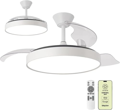 BLEYTON Ventilador Techo Aspas Retractiles Motor DC Silencioso 36W 107 cm | Ventilador NOVA Control Mando y WIFI, App y Voz | Color Blanco Luz LED | 6 Velocidades | Temporizador