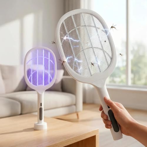 Raqueta Eléctrica Matamoscas 2 en 1 - Recargable USB-C, Uso Manual y en Base Fija - Malla de Protección, Potente Eliminador de Insectos para Hogar