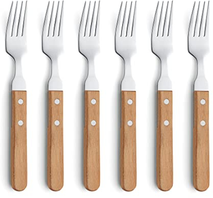 Amefa Gabeln Besteck Set 6 Personen, Gabel für Steak und Pizza, 6-teilig | Gabeln Besteckset 6 Personen, Gabel aus Hochglanzpoliertem 18/0 Edelstahl, Steakbesteck, Holzgriff, Spülmaschinenfest