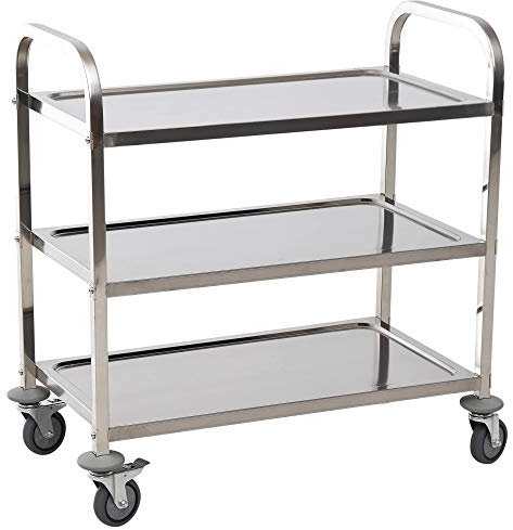 HOMCOM Carrito Auxiliar con Ruedas de Acero Inoxidable 90,5x50,5x88,2 cm Carrito de Cocina con Bandejas y 2 Brazos Carga 150 kg para Comedor Hotel Salón de Belleza Plata