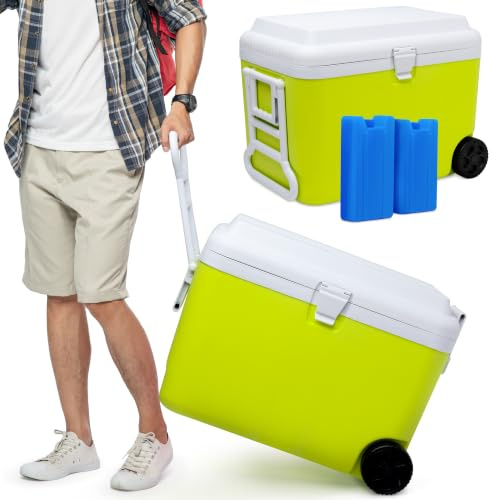 SUNMER 50L Plastic Cooler Box with Wheels - Large Cool Box with 2 Ice Packs & EPS Insulation - Keeps Cold 48 Hours, Wheeled Ice Chest & Camping Cooler - Portable Food Cooler for Beach - Lime