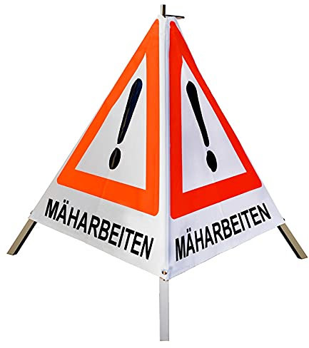 Warnpyramide/Faltsignal Achtung(VZ101) MÄHARBEITEN 90cm - weiß tagesleuchtend, leicht