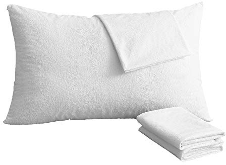 Bedecor Set 2 x Federe Copricuscini Impermeabili 50x70cm in Spugna Cotone, Traspiranti Ipoallergenici con Cerniera Laterale Bianca Copriguanciale