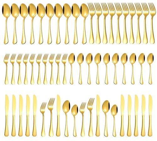 Gold Silverware Set for 12, Compralo 60 Pieces Stainless Steel Shiny Gold Flatware Set, Cutlery Tableware Set Include Spoons, Forks, Knives for Home and Restaurant
