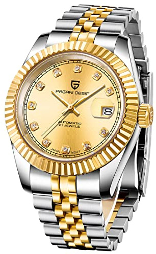 Pagani design Orologio Automatico da Uomo, Movimento Meccanico Automatico Giapponese, Elite Business Watch, Acciaio Inox, Moda Casual, Resistente all'Acqua fino a 100m… (Oro diamante 1645- PQ)