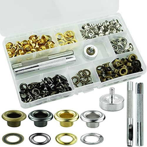 Eyelet Punch Kit, 120 Sets 6mm Grommet Set with Hole Punch Tool, Fastened Tool and Metal Base,Eyelets for Fabric,Leather,Clothes,Canvas Hole Punches (Silver/Green Bronze/Gold/Grey)