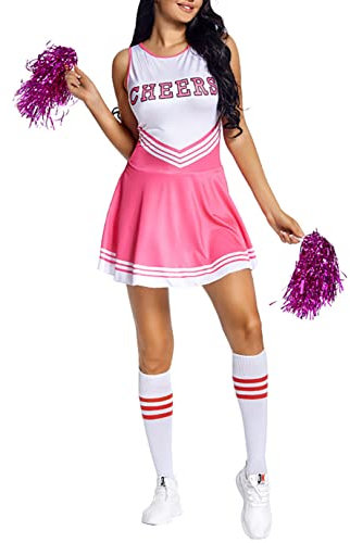 renvena Damen Cheer Leader Kostüm Set Sexy Minikleid mit Pompons Strümpfe Karneval Halloween Fasching Cosplay Outfit Party Tanz Kostüme Rosa M