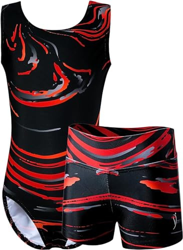 Dancina Turnanzug für Mädchen 2-teiliges Set Gymnastikanzug mit Hose für Kinder 128/134 Schwarz/Rot