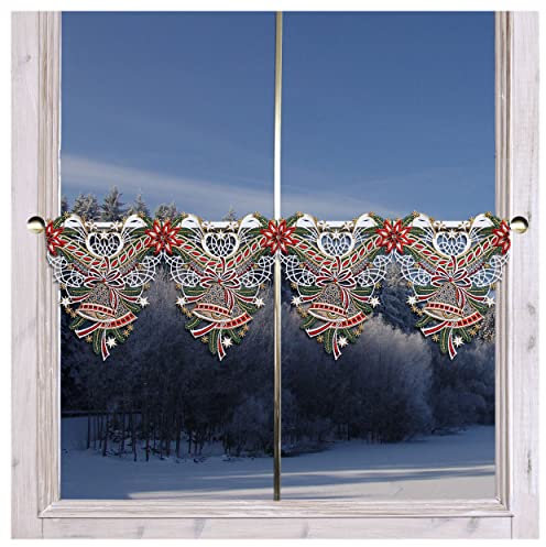 Feengardine Weihnachts-Scheibenhänger Glockenklang Plauener Spitze | Spitzen-Scheibengardine gestickte Adventsglocken Tannenzweige und Christsterne | Fensterdeko Weihnacht und Winter 29 cm hoch