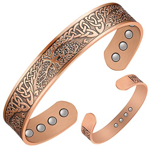 Jeracol Magnetarmband aus Kupfer, 12 Stück magneten, für Männer und Frauen, Baum des Lebens, 100% massives Kupfer, Armreif mit 3500 gauss magneten, verstellbare Größe, mit Schmuck-Geschenkbox