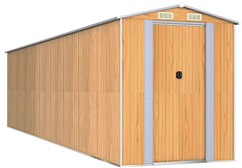 vidaXL Light Brown Garden Shed - Galvanised Steel Outdoor Storage for Garden Tools, Pool Essentials, and Equipment, With Double Sliding Doors and Ventilation