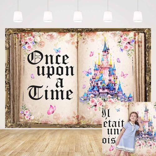 MEHOFOND 2,1 x 1,5 m Märchenbuch Hintergrund für Fotografie Once Upon a Time GILR Prinzessin Schmetterling Schloss Blume Geburtstag Party Hochzeit Kuchen Tischdekoration