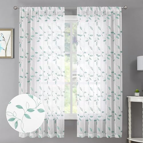 Tollpiz Teal Blue Leaf Sheer Curtains Leaves Embroidered Living Room Short Curtain Rod Pocket Voile Window Treatments for Bedroom, 54 x 45 inches Long, Set of 2 Panels