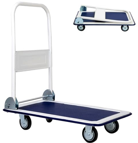 GiantexUK Folding Hand Sack Truck, 150KG/300KG Capacity Heavy Duty Platform Trolley with Wheels & Handle, Flatbed Dolly Cart for Home Office Shop Garage Warehouse (73x48x83cm, 150KG, Blue+White) | 150KG/300KG Capacity Heavy Duty Platform Trolley with Wheels & Handle, Flatbed Dolly Cart for Home Office Shop Garage