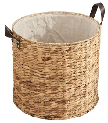 Cesta redonda de mimbre para la colada con forro y mango de cuero, cesta de ropa sucia de jacinto de agua natural, cubo de almacenamiento nórdico para dormitorio