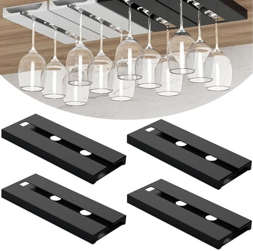 SAMSYOKI 4 Pezzi Porta Bicchieri da Vino Sospeso,Supporto per Calici Vino Senza Foratura,Porta Calici Sottopensile,Portabicchieri Appendere, Scolabicchieri Vino per Bar Ristorante Cucina (Nero)