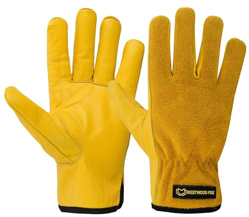 WESTWOOD FOX Gartenhandschuhe für Herren, dornensichere Gartenhandschuhe Herren-Arbeitshandschuhe für Damen Montage robuste Arbeitshandschuhe aus Leder Griffigkeit atmungsaktiv (Gelb, XL)
