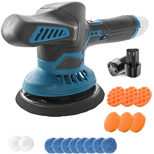 Cordless Buffer Polisher 5000RPM 6 Variable Speeds with 12V Battery*2 Faster Charger Woven Bag for Car, Boat, Wall, Floor, DIY