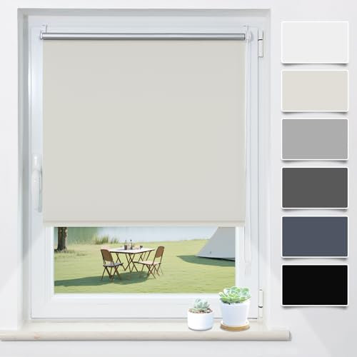 Verdunklungsrollo Klemmfix ohne Bohren Creme B120 x H170cm(Stoffbreite 115cm) Fenster Rollos für innen Verdunkelungsrollo Thermorollo Klemmrollo Seitenzugrollo Fensterrollo Rollo Verdunkelung