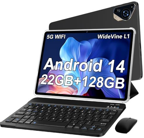 Tablette Android 14 avec 22 GO + 128 GO (Extensible jusqu'à 1 to), 5G WiFi, Tablette Tactile 10 Pouces avec GPS, Widevine L1, 8 Cœurs 2,0 GHz, 8000mAh, Tablette avec Clavier + Souris et Cas, Gris