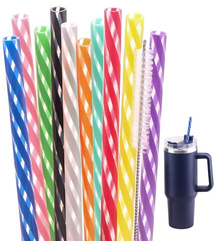 Dakoufish 12 Inch 10 Color Reusable Drinking Straws for Stanley 40 oz 30 oz 24 oz Tumbler,Dishwasher Safe Stripe Straws for Stanley Cup Accessories,Set of 10 with Cleaning Brush