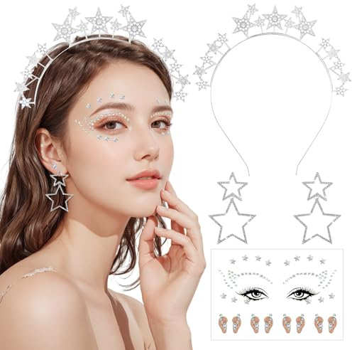 SANLIUSANJIU 3 Stück Sterne Haarreif Set, Glitzer Stirnband + Ohrringe + Gesichtstattoo, für Damen Mädchen Karneval Fasching Geburtstag Party Kostüm Glitzer Haarschmuck