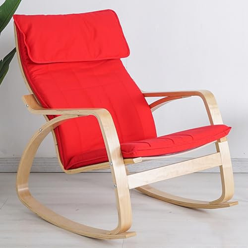 RUYICZB Schaukelstuhl, Schaukelsessel Aus Birkenholz, Schwingsessel Relaxsessel Gepolstert, Relaxstuhl Schwingstuhl Mit Kopfstütze & Armlehnen, Loungesessel Mit Schaukelfunktion,Rot