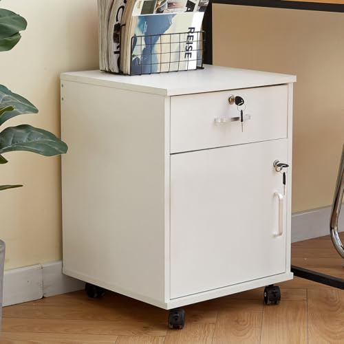 ZBAOLTO Mobiler Aktenschrank Abschließbarer, Holz Weiß für Büro | Rollcontainer mit 1 Schubladen und 1 Schrankfach, 4 Rollen, 40×40×57 cm Büroschrank Home Office Lagerung