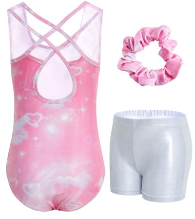 JiAmy Maillot Gimnasia Ritmica para Niña, Maillot Disfraz Gimnasta Sin Mangas Espalda cruzada Maillot Ballet Incluyendo Hairband Pantalones cortos Niña de 9-10 años