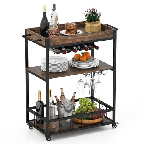 GIANTEX Carro de Cocina 3 Niveles, Carrito de Servicio con Bandeja Extraíble, Botellero para 4 Botellas y Portavasos, 4 Ruedas, 84x40x90 cm, Carro de Almacenamiento Auxiliar para Comedor, Bar
