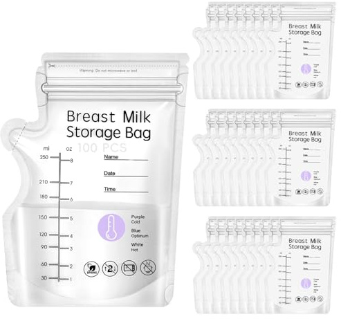 100 sacchetti per latte materno con rilevamento della temperatura, 250 ml, senza BPA, senza BPS, con doppia chiusura a cerniera, beccuccio facile da versare, senza perdite, sacchetti autoportanti per