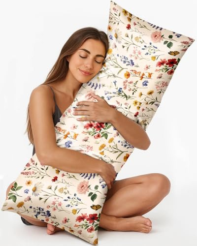 Miss Adola Silk Body Pillow Cover with Zipper - 20x54 Inch Silk Long Pillow Case for Women Ladies Adults Soft Bed Decorative Cute Boho Large Body Pillowcase Sham for Hair and Skin, Vintage Flower